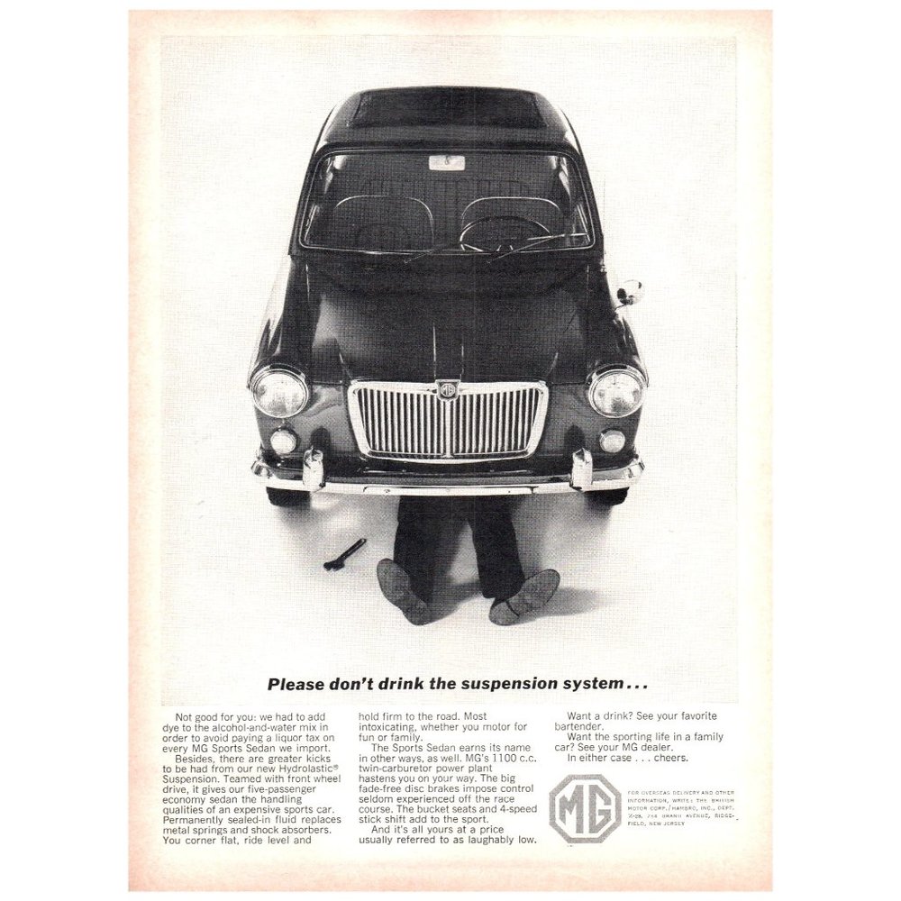 1965 MG Sports Sedan Suspension System Vintage Print Ad Wall Decor Art Mechanic